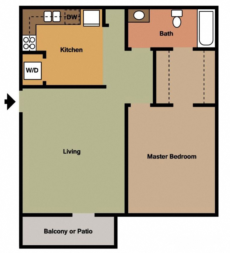 Floor plan for 1 bed, 1 bath, 919 sqft