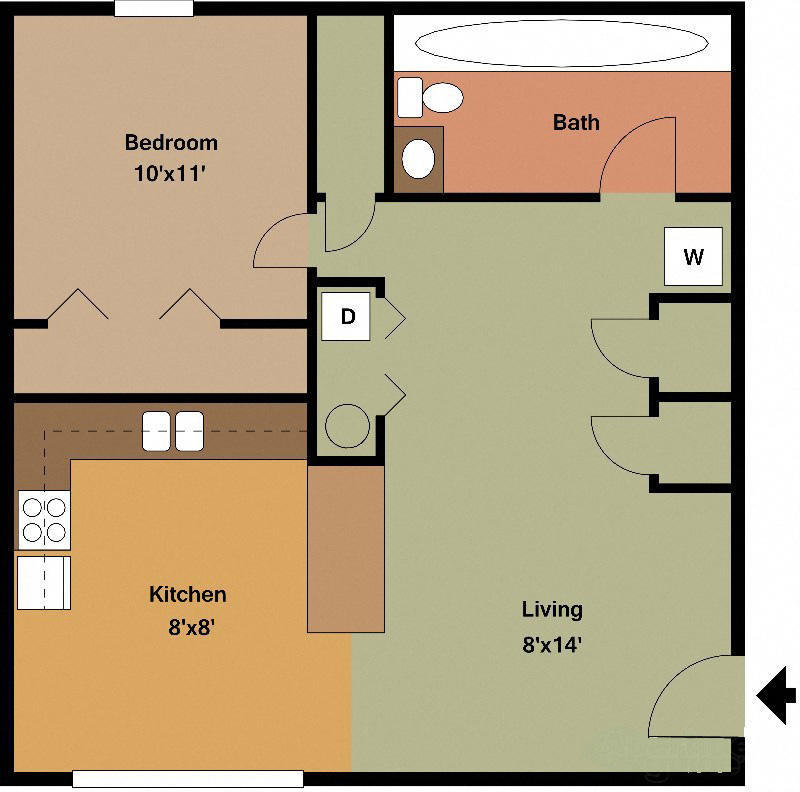 Floor plan for 1 bed, 1 bath, 520 sqft