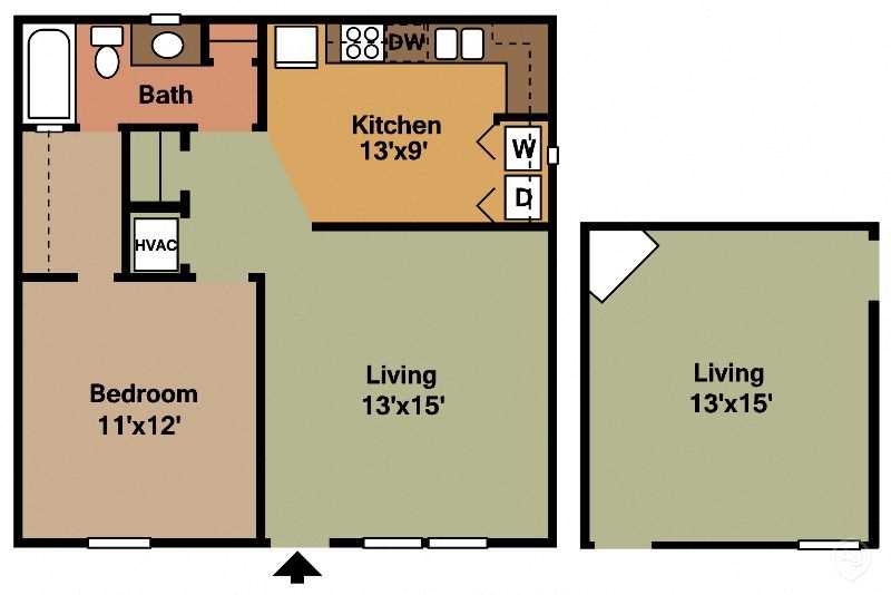 Floor plan for 1 bed, 1 bath, 690 sqft