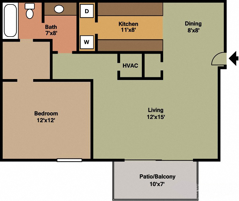 Floor plan for 1 bed, 1 bath, 709 sqft