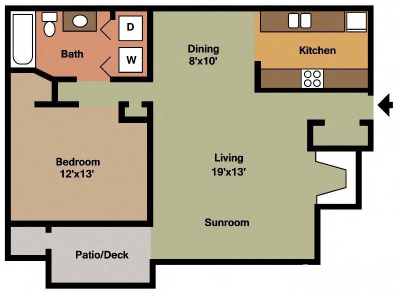 Floor plan for 1 bed, 1 bath, 841 sqft