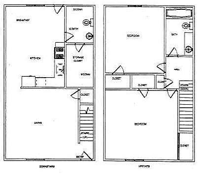 Floor plan for 2 beds, 1.5 baths, 975 sqft