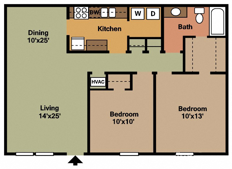 Floor plan for 2 beds, 1 bath, 988 sqft