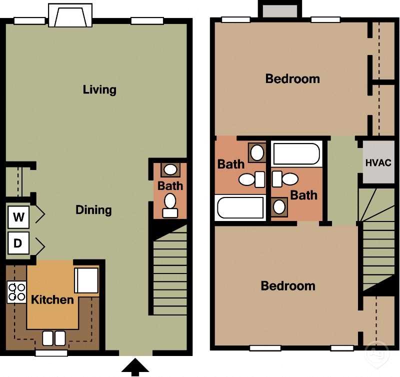 Floor plan for 2 beds, 2.5 baths, 1168 sqft