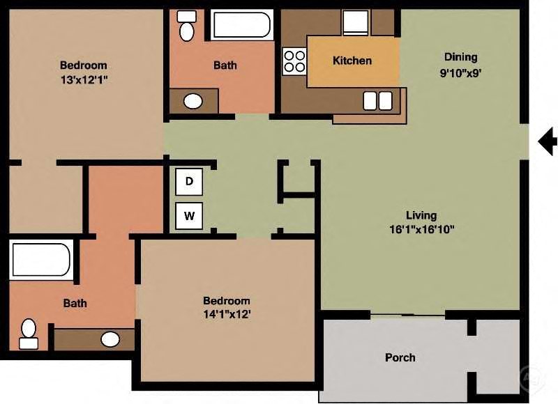 Floor plan for 2 beds, 2 baths, 1180 sqft