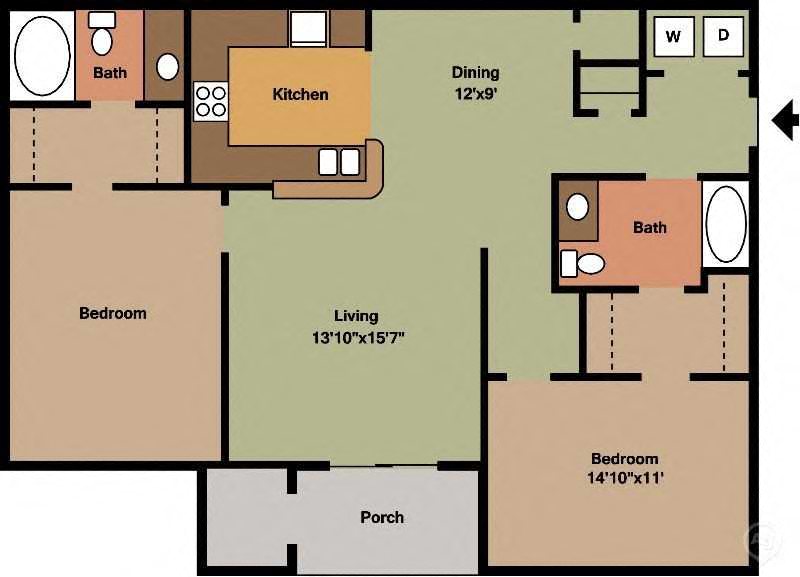Floor plan for 2 beds, 2 baths, 1213 sqft