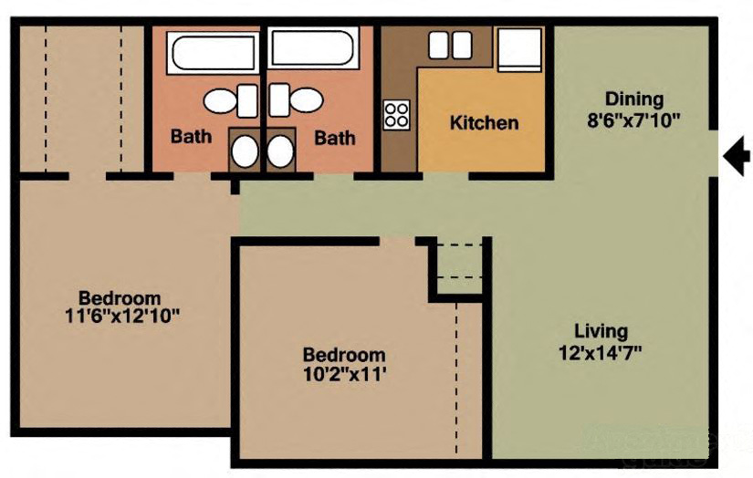 Floor plan for 2 beds, 2 baths, 870 sqft