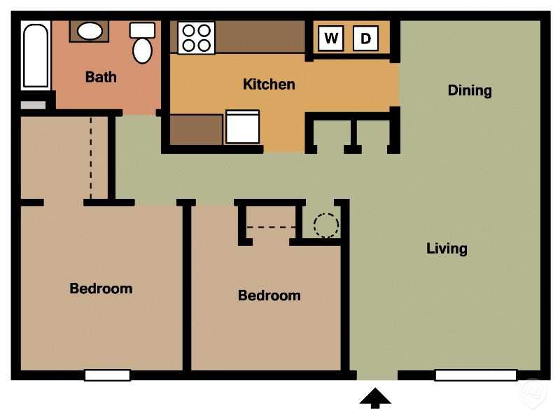 Floor plan for 2 beds, 1 bath, 988 sqft