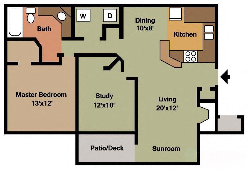 Floor plan for 2 beds, 1 bath, 1020 sqft