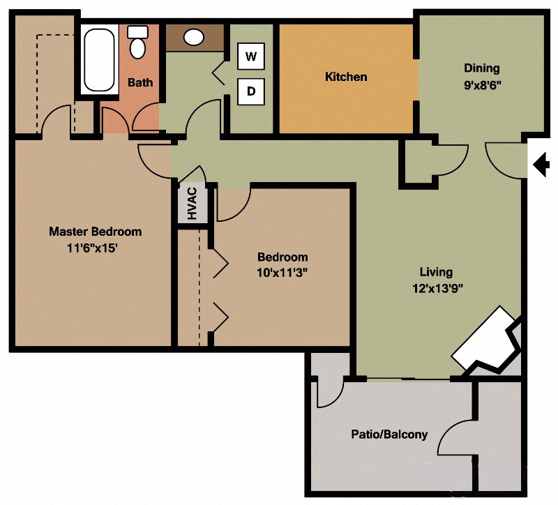 Floor plan for 2 beds, 1 bath, 950 sqft