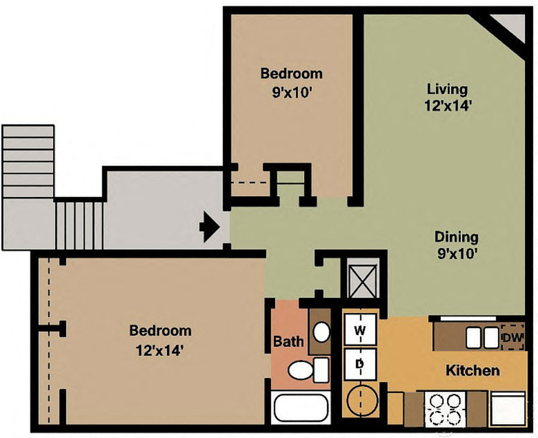 Floor plan for 2 beds, 1 bath, 820 sqft