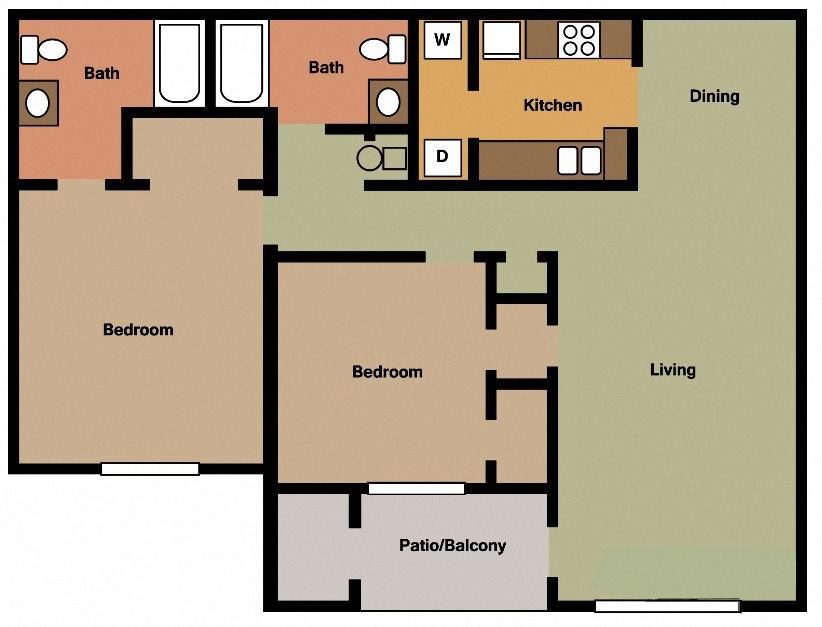 Floor plan for 2 beds, 2 baths, 1271 sqft