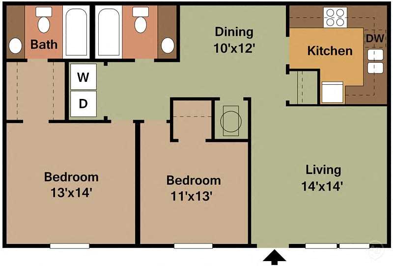 Floor plan for 2 beds, 2 baths, 1000 sqft