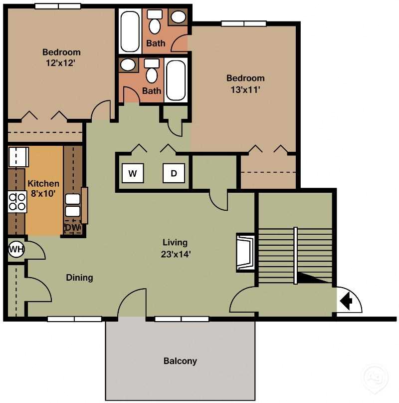 Floor plan for 2 beds, 2 baths, 1065 sqft