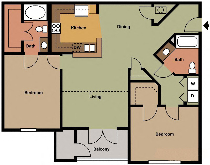 Floor plan for 2 beds, 2 baths, 1220 sqft