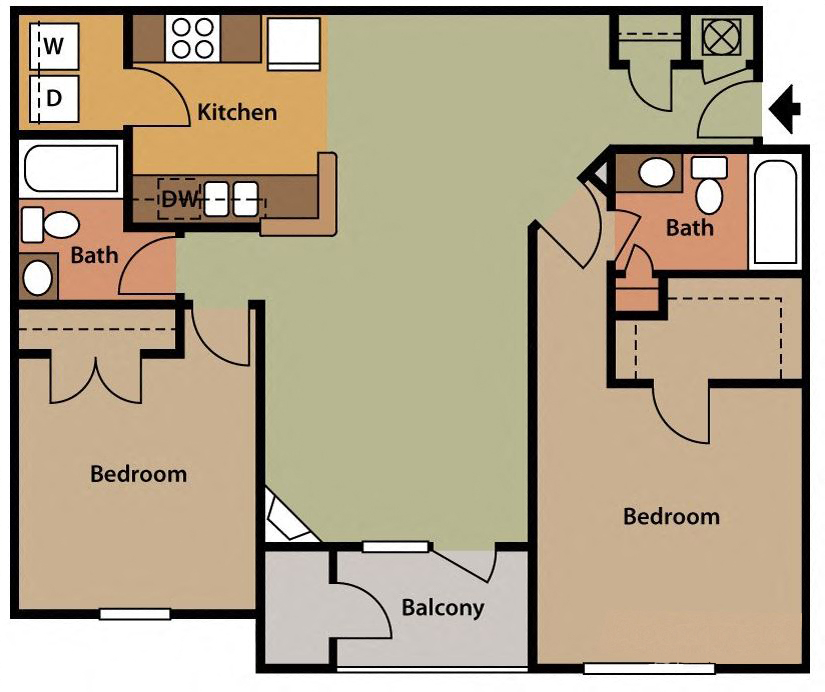 Floor plan for 2 beds, 2 baths, 1208 sqft