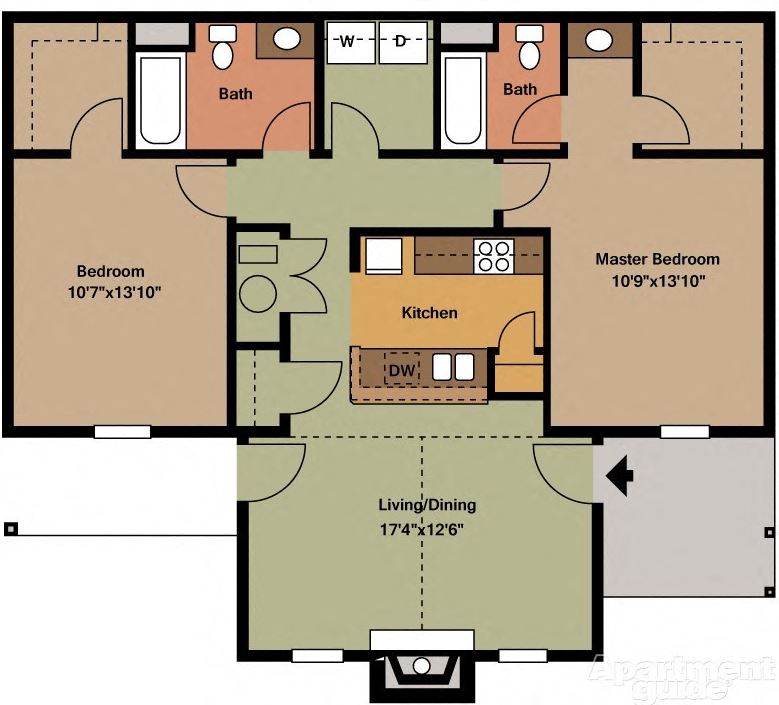 Floor plan for 2 beds, 2 baths, 1022 sqft