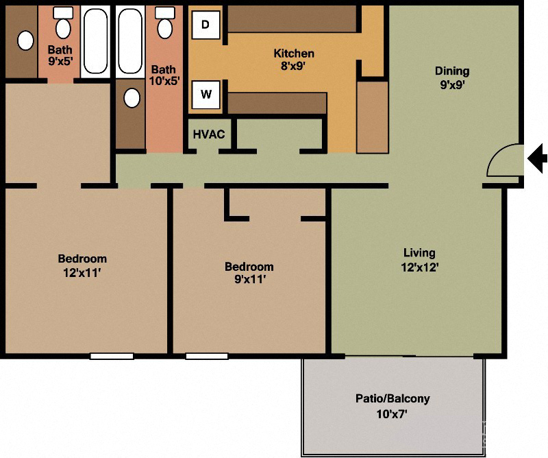 Floor plan for 2 beds, 2 baths, 984 sqft