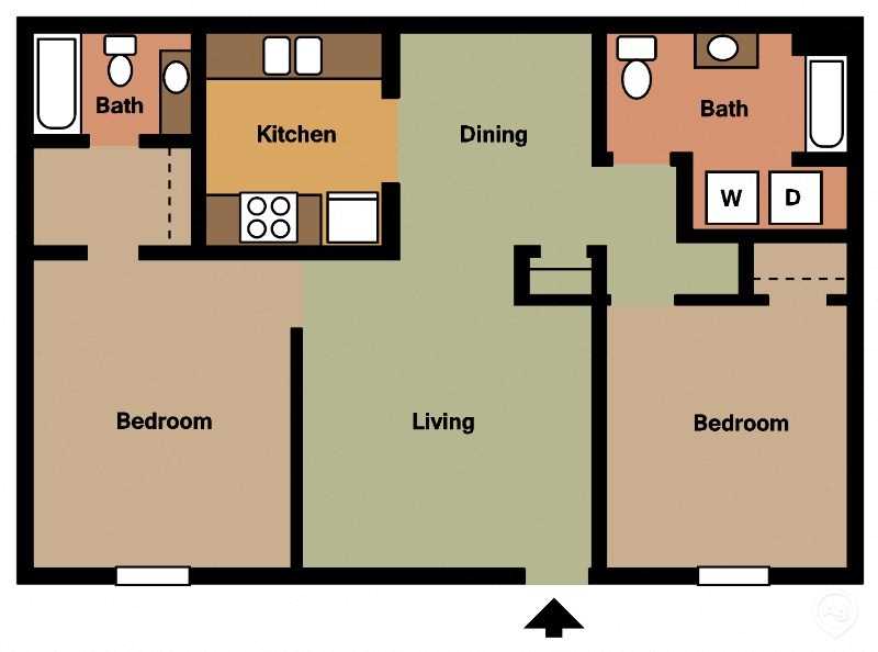 Floor plan for 2 beds, 2 baths, 1040 sqft