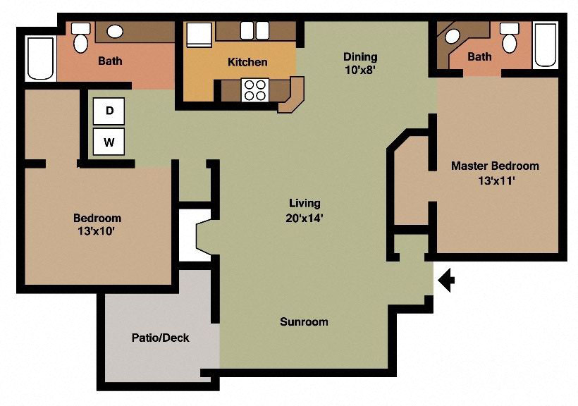 Floor plan for 2 beds, 2 baths, 1128 sqft