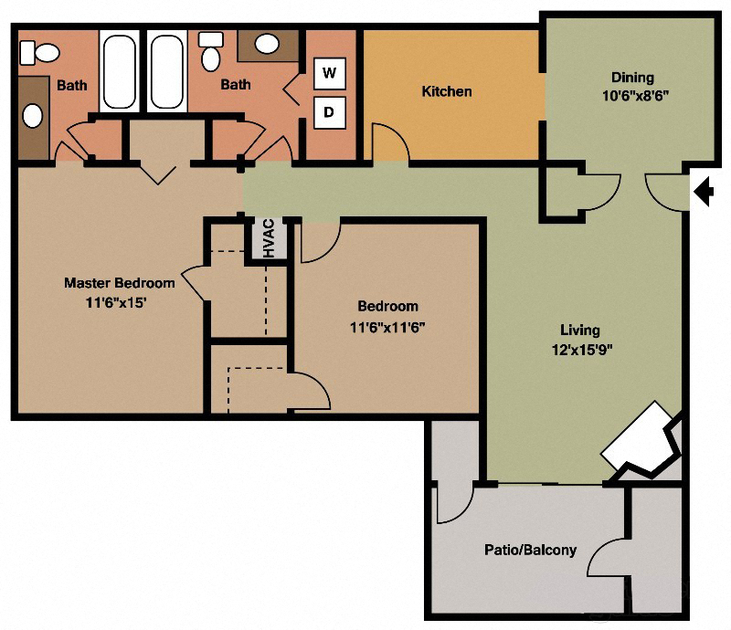 Floor plan for 2 beds, 2 baths, 1059 sqft