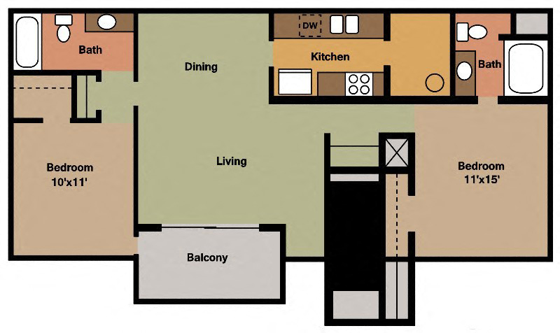 Floor plan for 2 beds, 2 baths, 920 sqft