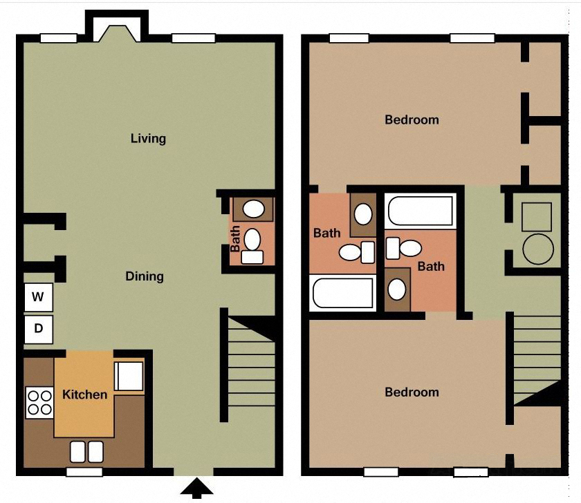 Floor plan for 2 beds, 2.5 baths, 1168 sqft