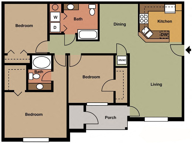 Floor plan for 3 beds, 2 baths, 1421 sqft