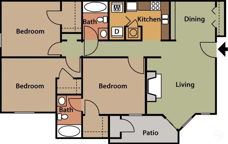 Floor plan for 3 beds, 2 baths, 1220 sqft