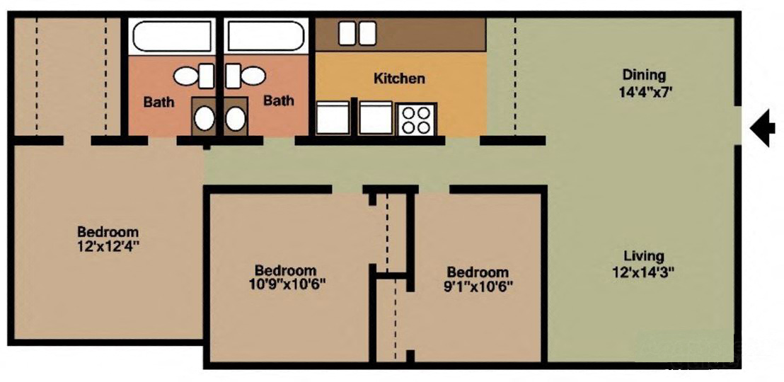 Floor plan for 3 beds, 2 baths, 1060 sqft