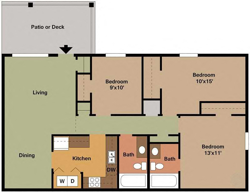 Floor plan for 3 beds, 2 baths, 1115 sqft