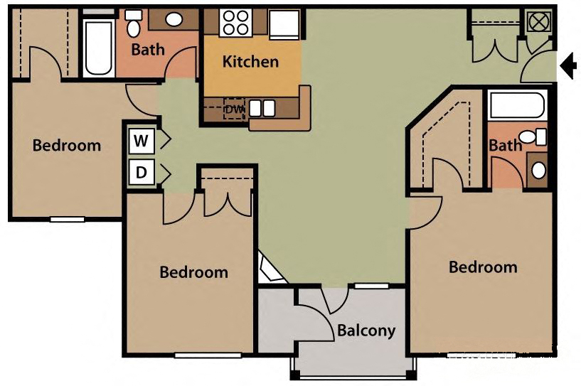 Floor plan for 3 beds, 2 baths, 1440 sqft