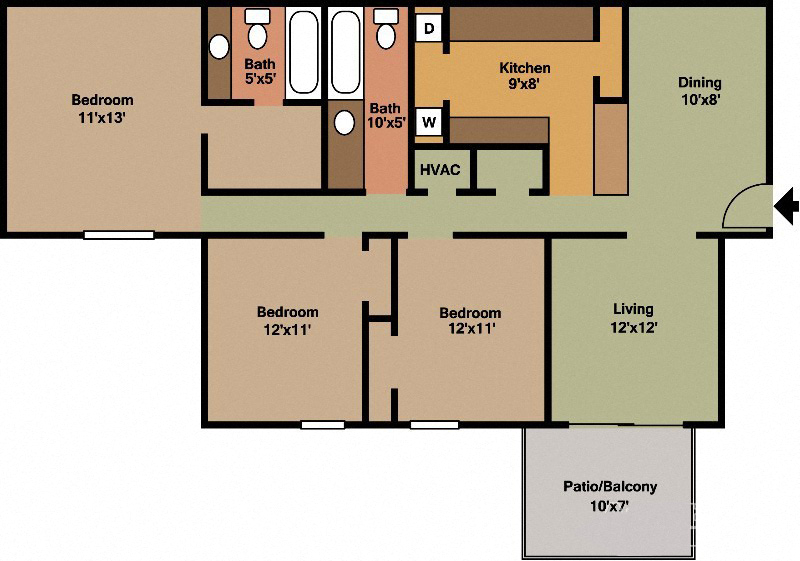 Floor plan for 3 beds, 2 baths, 1185 sqft