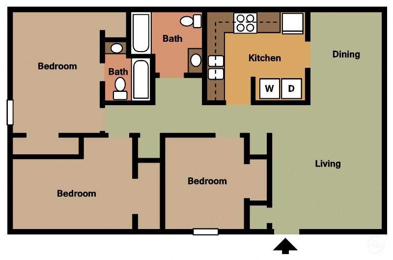 Floor plan for 3 beds, 2 baths, 1144 sqft