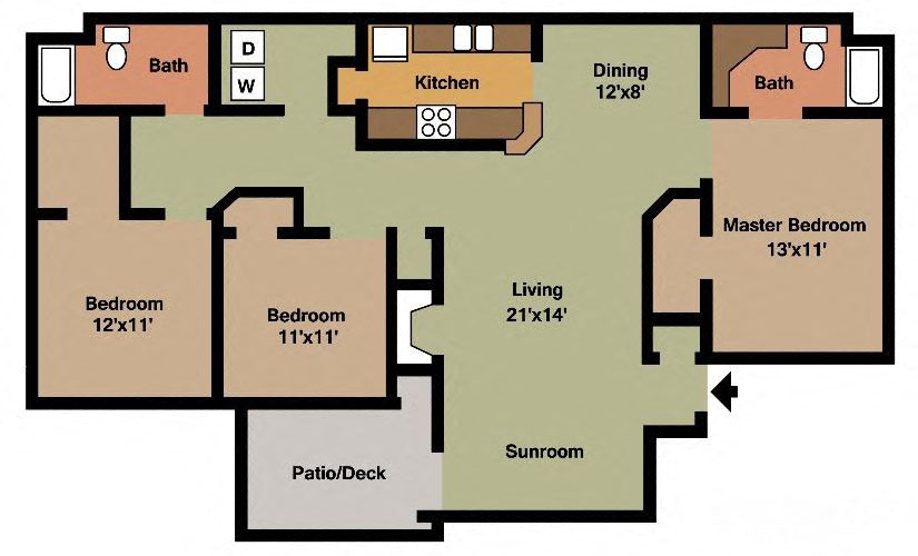 Floor plan for 3 beds, 2 baths, 1358 sqft