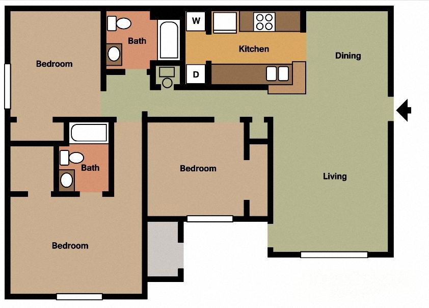 Floor plan for 3 beds, 2 baths, 1516 sqft