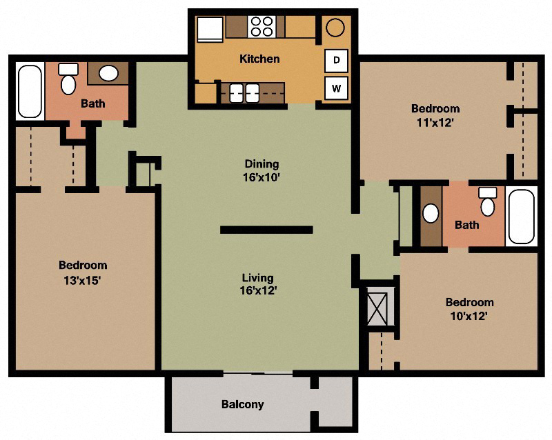 Floor plan for 3 beds, 2 baths, 1260 sqft