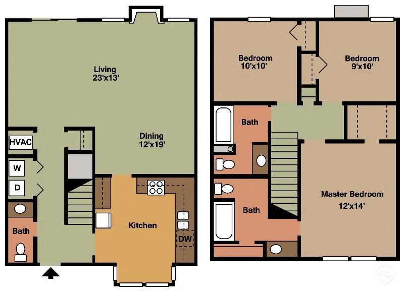 Floor plan for 3 beds, 2.5 baths, 1500 sqft