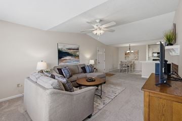 Tuscaloosa apartment for rent - A living room with a grey couch and a painting on the wall.