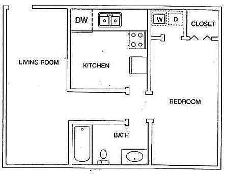 Floor plan for 1 bed, 1 bath, 692 sqft