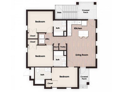 Floor plan for 3 beds, 3 baths, 1196 sqft