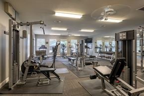Huntsville townhouse for rent - A gym with a variety of equipment including a rowing machine, a bench press, and a squat rack.