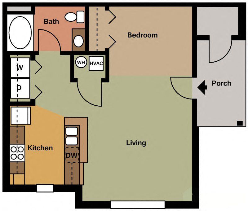 Floor plan for 1 bed, 1 bath, 630 sqft
