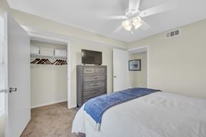 Tuscaloosa apartment for rent - A bedroom with a bed, dresser, and television.