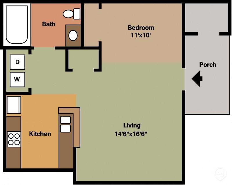 Floor plan for studio, 1 bath, 630 sqft