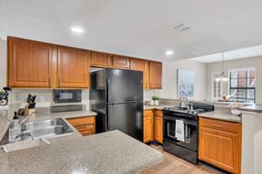 Birmingham apartment for rent - A kitchen with wooden cabinets and a black refrigerator.