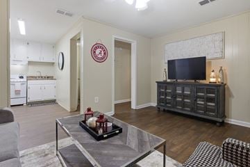 Tuscaloosa apartment for rent - A living room with a grey coffee table and a grey sofa.