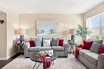 Tuscaloosa apartment for rent - A living room with grey couches and red pillows.