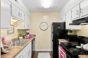 Tuscaloosa apartment for rent - A kitchen with a black refrigerator and a clock on the wall.