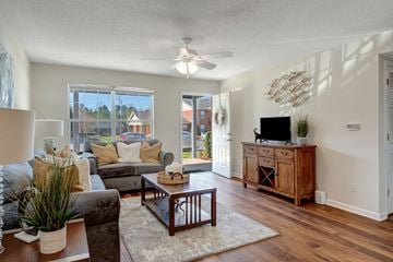 Tuscaloosa apartment for rent - A living room with a grey couch and a wooden coffee table.